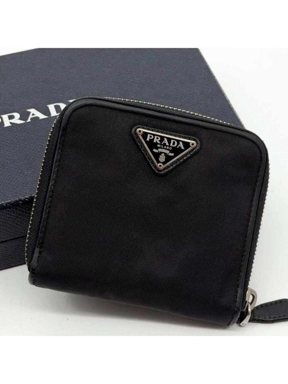 Prada Triangle Nylon Bifold Compact Black Saffiano Wallet